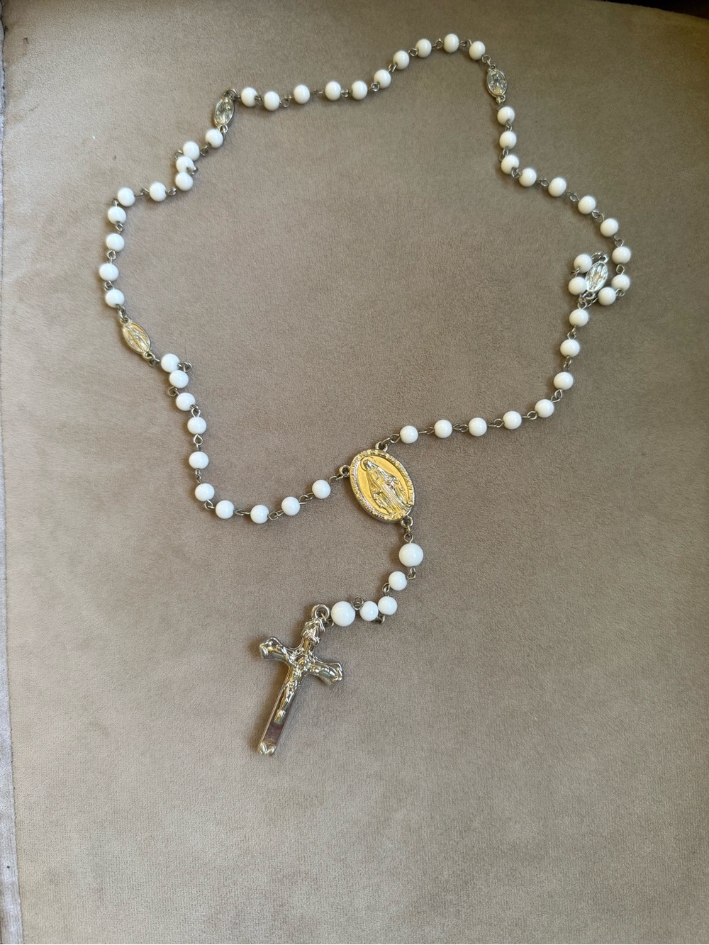 White Beaded Silver-Tone Rosary Necklace